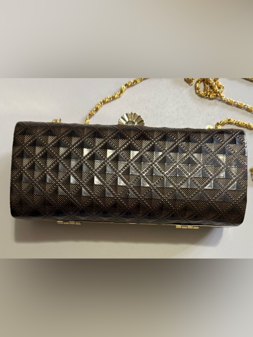 Elegant Brown Textured Evening Clutch with Gold Chain - Picture 6 of 9